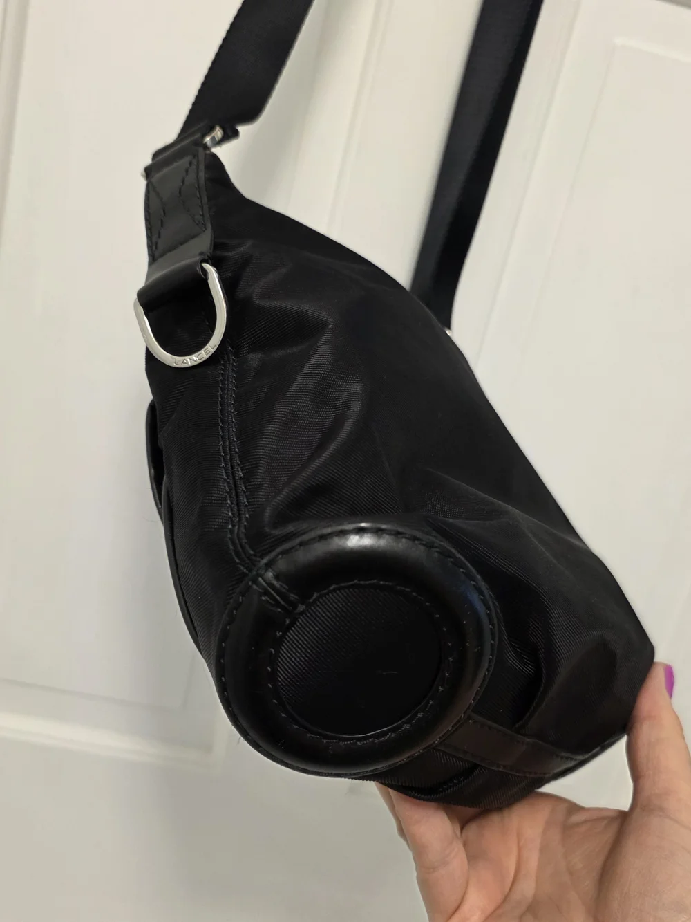 Lancel Paris Black Nylon Crossbody Bag with Front Flap & Zip Pockets Lightweight